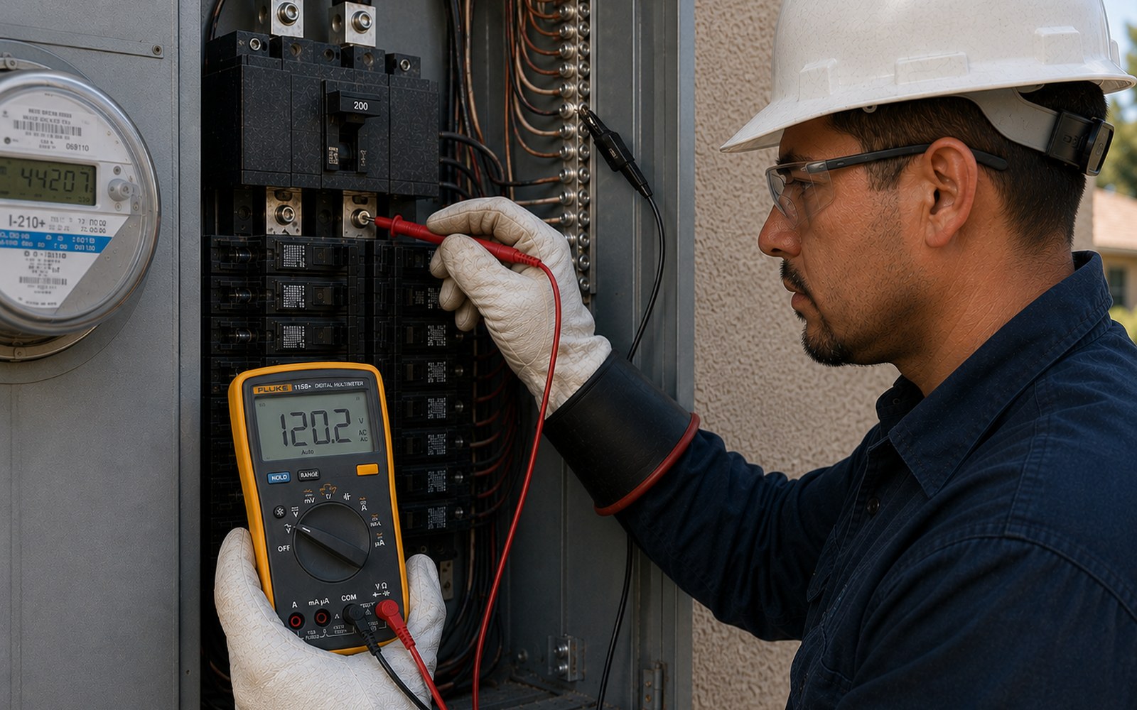 Electrician testing voltage at an open 200-amp residential main panel next to the utility meter