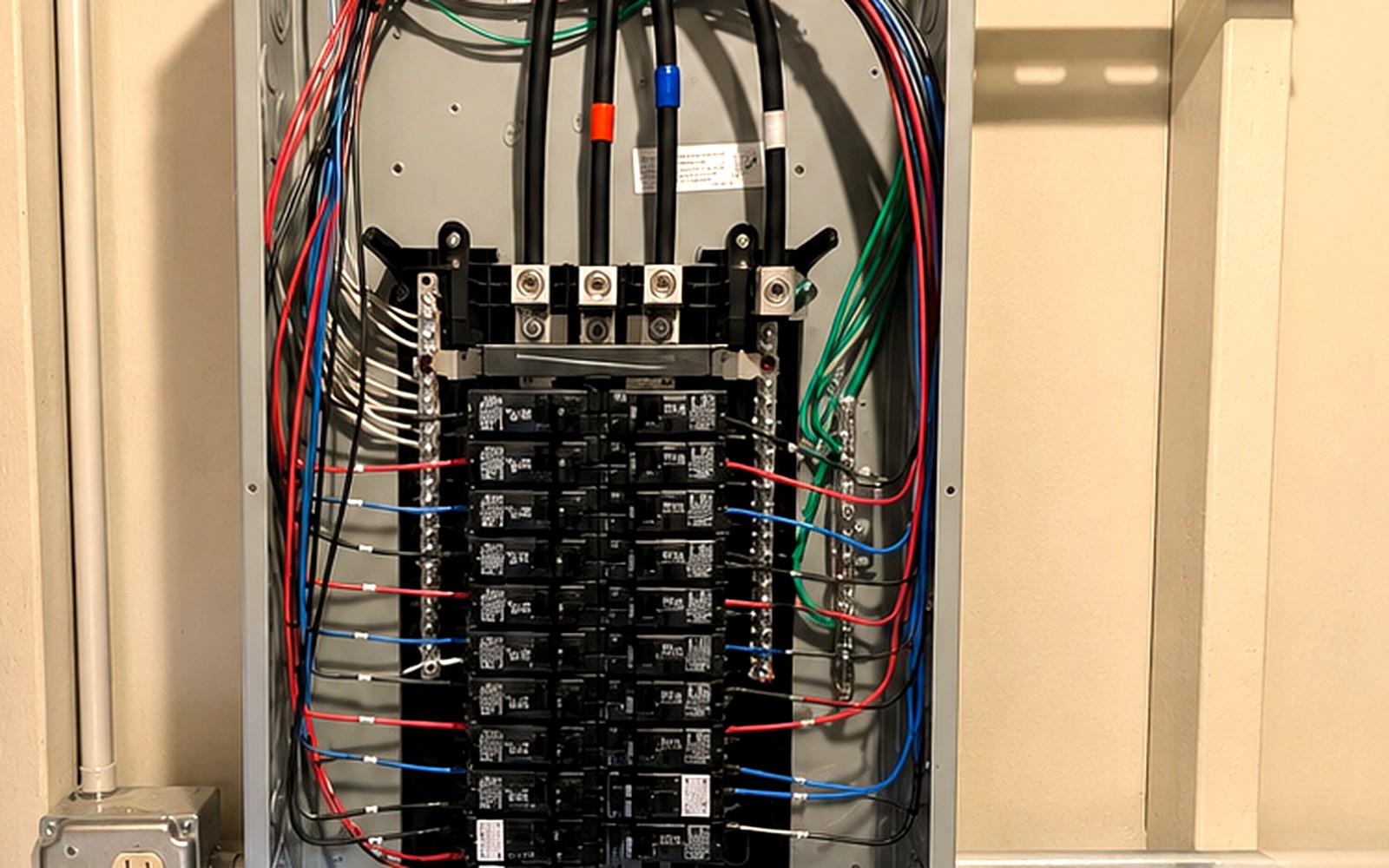 Newly installed subpanel with neatly landed branch-circuit conductors and labeled breakers